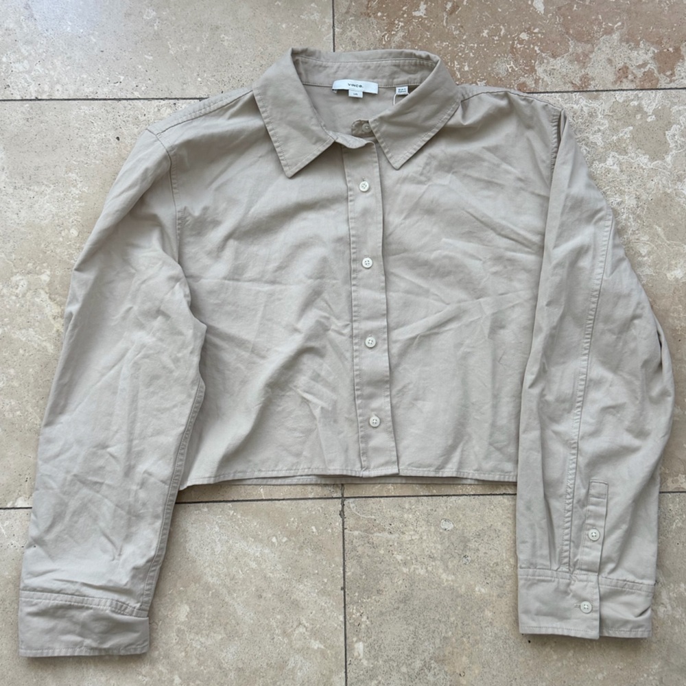 *NWT* VINCE, Tan, Collared, Button Up Cropped Shirt, Size Large, Retail $365!